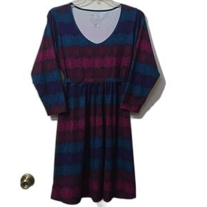 Merrell Navy, Blue & Magenta Striped Midi Dress with Scoop Neck